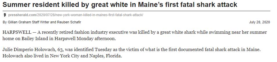 Summer resident killed by great white in Maine's first fatal shark attack